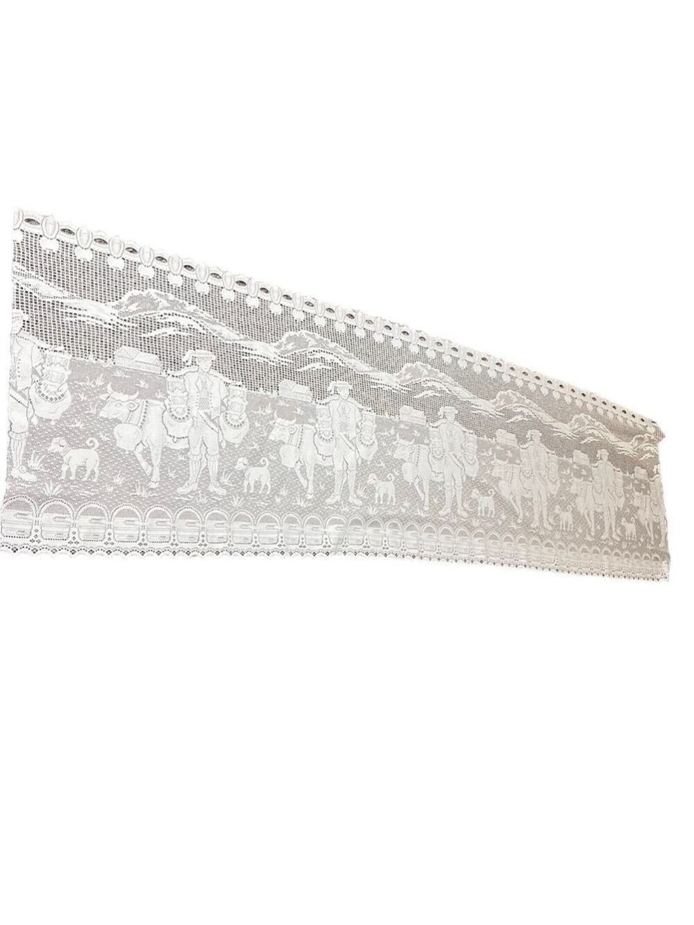 Antique Filet Lace Table Runner Farmhouse Farmer Dogs Cow Ivory Cotton 92”x26”